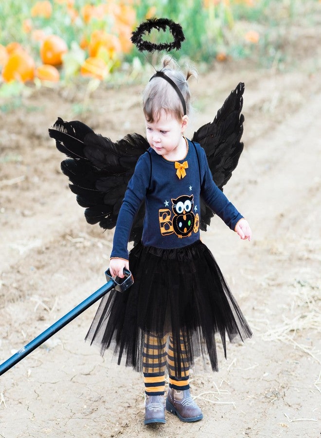 Tisancy 6 Pcs Halloween Angel Costume Set Feather Wings Wreath Headband Set 3 Layered Tulle Tutu Skirt Black and White Angel Costume for Girls Kids Halloween Xmas Cosplay Party Accessory - Image 5